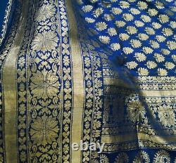 Sari indien en soie pure bleue tissée à la main, brocart Banarasi antique vintage