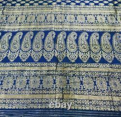 Sari indien en soie pure bleue tissée à la main, brocart Banarasi antique vintage