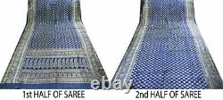 Sari indien en soie pure bleue tissée à la main, brocart Banarasi antique vintage