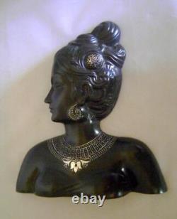 Sculpture murale en argent rare en incrustation d'argent d'une tête de femme en Bidri Ware vintage