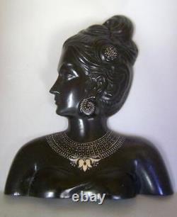 Sculpture murale en argent rare en incrustation d'argent d'une tête de femme en Bidri Ware vintage