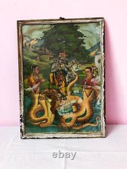 Seigneur Krishna danse sur la tête du serpent Lithographie Ravi Varma Impression Antique Vintage Ancienne