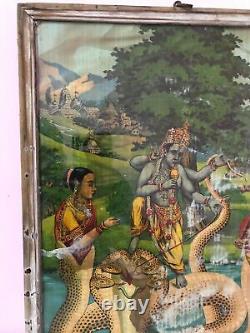 Seigneur Krishna danse sur la tête du serpent Lithographie Ravi Varma Impression Antique Vintage Ancienne
