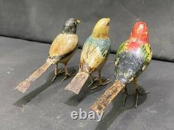 Statue Figurine d'Oiseaux en Fer et en Argile de Grande Taille - Ancienne, Vintage, Rare et Peinte à la Main (3 Pièces)