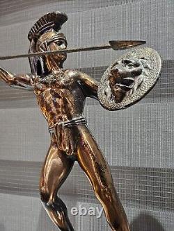 Statue ancienne en laiton antique avec effet vieilli du dieu grec Achille sur base en marbre et lance 13
