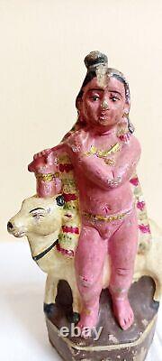 Statue d'Idole en terre cuite ancienne du Seigneur Krishna hindou, de style vintage, en poterie d'argile F63