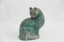 Statue de chat en bois vintage de 9 pouces, sculptée à la main et peinte en vert, figurine de chaton.