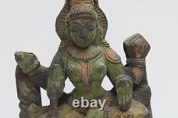 Statue de déesse Laxmi en bois sculpté à la main, murale, ancienne et de style vintage NH2263
