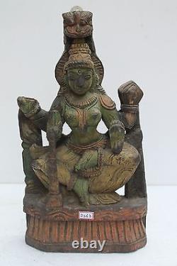 Statue de déesse Laxmi en bois sculpté à la main, murale, ancienne et de style vintage NH2263