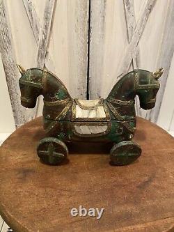 Statuette de cheval en bois vintage avec boîte à tika en laiton et bronze sculptée à la main 8'