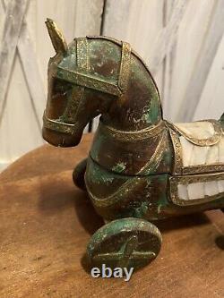 Statuette de cheval en bois vintage avec boîte à tika en laiton et bronze sculptée à la main 8'