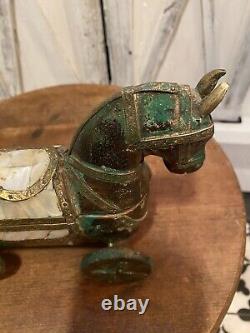 Statuette de cheval en bois vintage avec boîte à tika en laiton et bronze sculptée à la main 8'