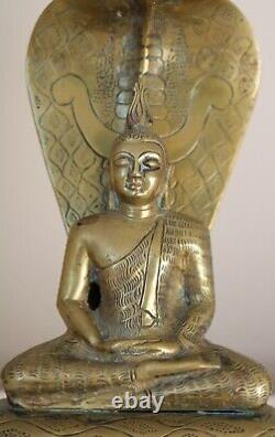 Superbe Statue De Bouddha En Laiton Ceylan, Gem Inclaid Naga Vintage Milieu 20ème C Inde