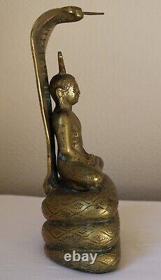 Superbe Statue De Bouddha En Laiton Ceylan, Gem Inclaid Naga Vintage Milieu 20ème C Inde