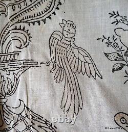 Textile imprimé Kalamkari indien en coton non fini avec blocs de motifs de paon vintage #