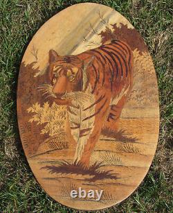Tiger Marqueterie Panneau Indien Ovale Art Déco MID Century 45cm X 29cm Belle Pièce
