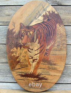 Tiger Marqueterie Panneau Indien Ovale Art Déco MID Century 45cm X 29cm Belle Pièce