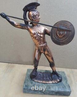 Titre en français: Statue en laiton antique vintage effet antique Dieu grec Achille sur base en marbre avec une lance de 13 pouces