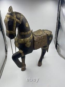 VTG Cheval en Bois Sculpté à la Main Indien en Cuivre et Laiton