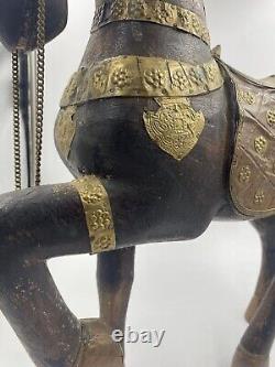 VTG Cheval en Bois Sculpté à la Main Indien en Cuivre et Laiton