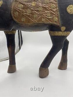 VTG Cheval en Bois Sculpté à la Main Indien en Cuivre et Laiton