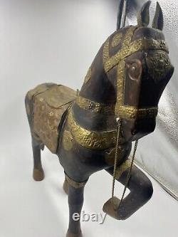 VTG Cheval en Bois Sculpté à la Main Indien en Cuivre et Laiton