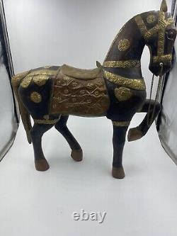 VTG Cheval en Bois Sculpté à la Main Indien en Cuivre et Laiton