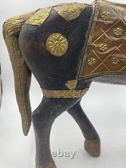 VTG Cheval en Bois Sculpté à la Main Indien en Cuivre et Laiton