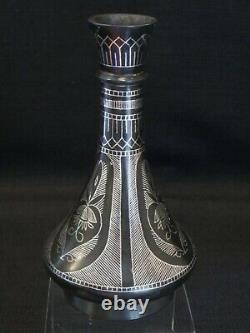 Vase D'inlay D'argent Bidri Vintage Fabriqué À La Main Du Sud De L'inde