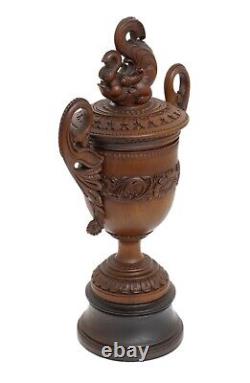 Vase/coupe à deux poignées en bois sculpté indien vintage avec finial Makara