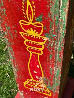 Vieille Affiche En Bois Indien Plinth Ideal Plant Lamp Stand Peint À La Main Rouge