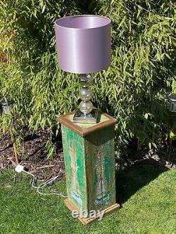 Vieille Affiche En Bois Indien Plinth Ideal Plant Lamp Stand Peint À La Main Vert