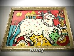 Vieille Peinture De Perles Indiennes. Vache Sacrée Décorée Et Calf Avec Krishna