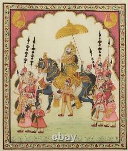 Vieille Peinture En Soie Indienne D'un Maharaja Sur Le Cheval Et Les Serviteurs, Encadré Et Émaillé