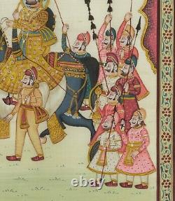 Vieille Peinture En Soie Indienne D'un Maharaja Sur Le Cheval Et Les Serviteurs, Encadré Et Émaillé