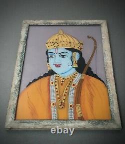Vieille Peinture En Verre Inversé Indien. Déité Hindoue, Rama. Grand, Cadre Art Déco