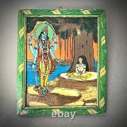 Vieille Peinture En Verre Inversé Indien. Déité Hindoue Vishnu Sous L'arbre Bodhi