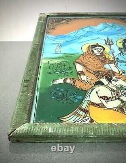 Vieille Peinture En Verre Inversé Indien. Déités Hindoues Shiva, Parvati Et Ganesha