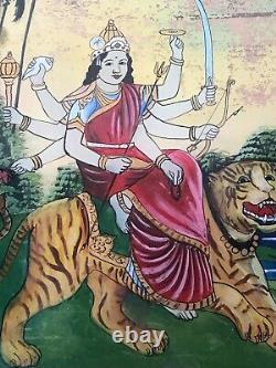 Vieille Peinture En Verre Inversé Indien. Durga En Art Déco Porte Encadrée. Antique