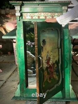 Vieille Peinture En Verre Inversé Indien. Durga En Art Déco Porte Encadrée. Antique