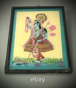 Vieille Peinture En Verre Inversé Indien. Iris Noir Dans Le Cadre Art Déco Authentique