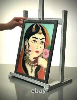 Vieille Peinture En Verre Inversé Indien. Jewelled Mughal Princesse. Portrait Plus Grand