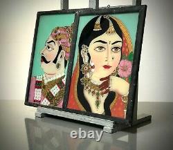 Vieille Peinture En Verre Inversé Indien. Jewelled Mughal Princesse. Portrait Plus Grand
