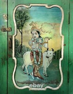 Vieille Peinture En Verre Inversé Indien. Krishna Dans La Porte Encadrée Art Déco. Antique