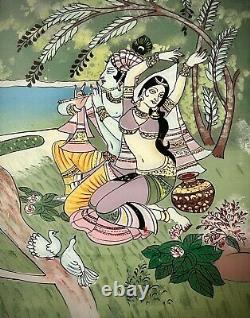 Vieille Peinture En Verre Inversé Indien. Krishna Et Radha, Déités Hindoues Avec Colombes