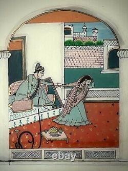 Vieille Peinture En Verre Inversé Indien. Les Amoureux Du Mughal, L'intérieur Dans Le Paysage