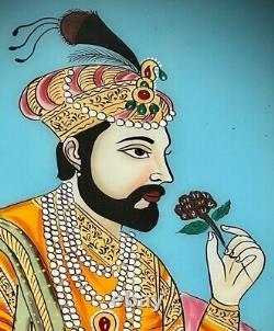 Vieille Peinture En Verre Inversé Indien. Maharajah Adorné Avec De La Soie Fine Et Des Bijoux