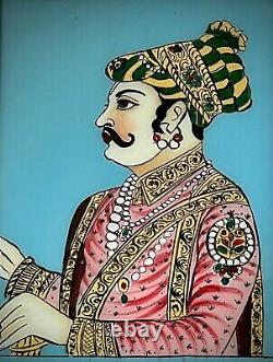 Vieille Peinture En Verre Inversé Indien. Mughal Prince Adorné Avec De La Soie Et Des Bijoux