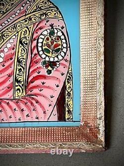 Vieille Peinture En Verre Inversé Indien. Mughal Prince Adorné Avec De La Soie Et Des Bijoux