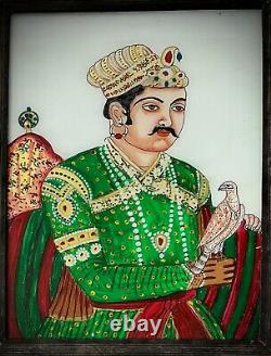 Vieille Peinture En Verre Inversé Indien. Mughal Prince Avec Falcon, Silk & Jewels